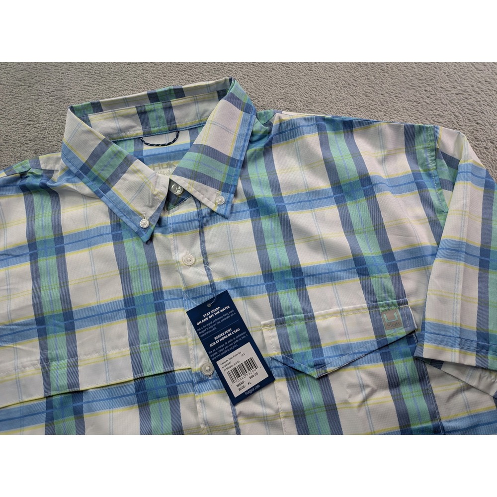 Huk Latitude Tide Point SS Fishing Shirt Mens XL Blue Green Plaid H1500202 NWT
